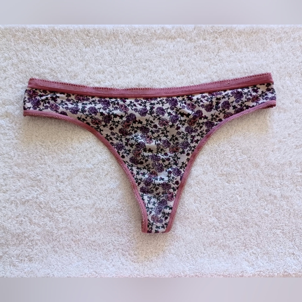 Vintage Ambrielle Floral Purple Cotton Thong Panties, Size L